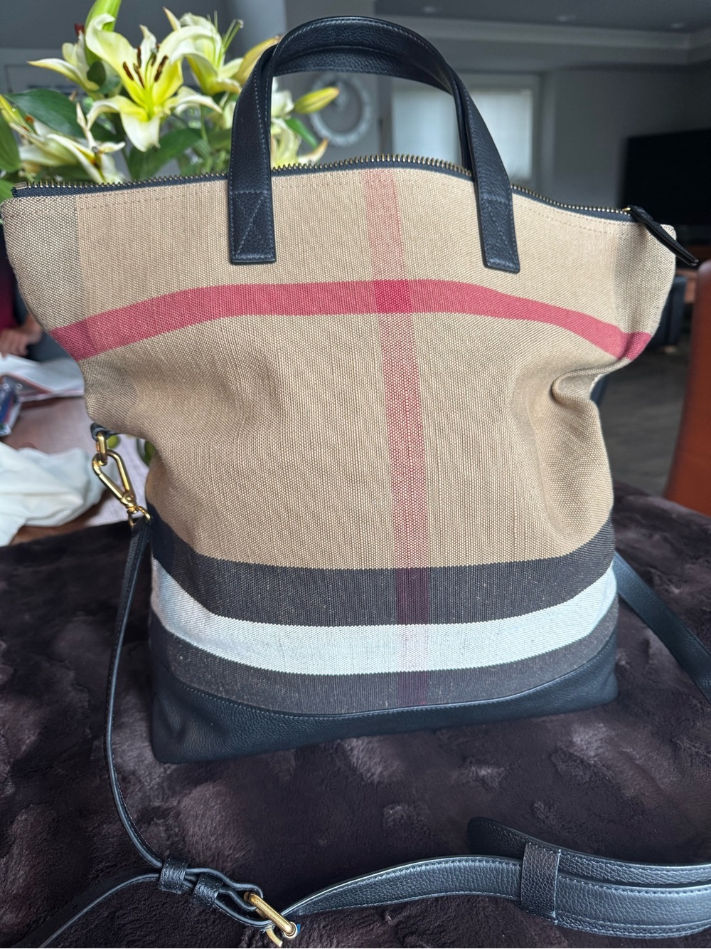 Burberry Beige Canvas Tote with Black Leather and Red Stripe
